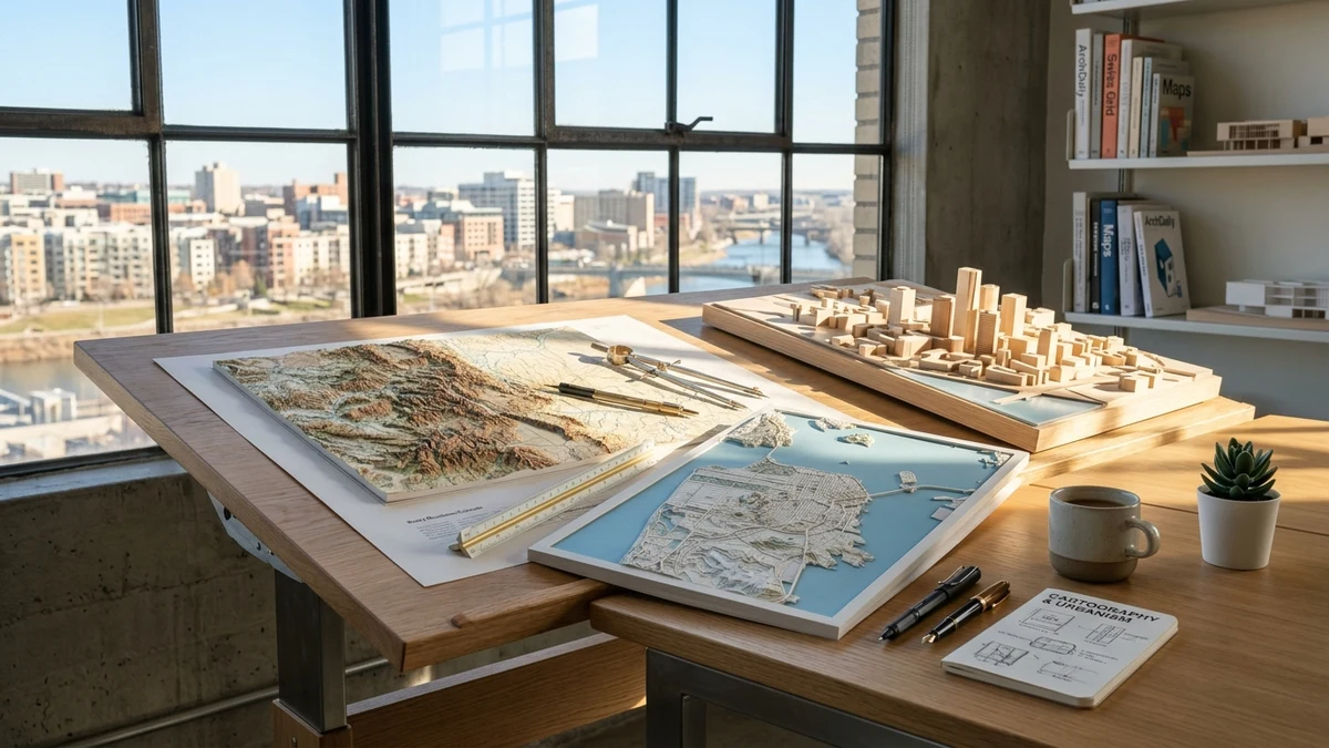 Architectural city models and cartographic drafting table representing US metropolitan relocation analysis